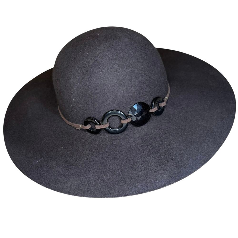 VTG Scala Pronto Y2K Boho 100% Wool Deep Brown Black Beaded Detail Floppy Hat